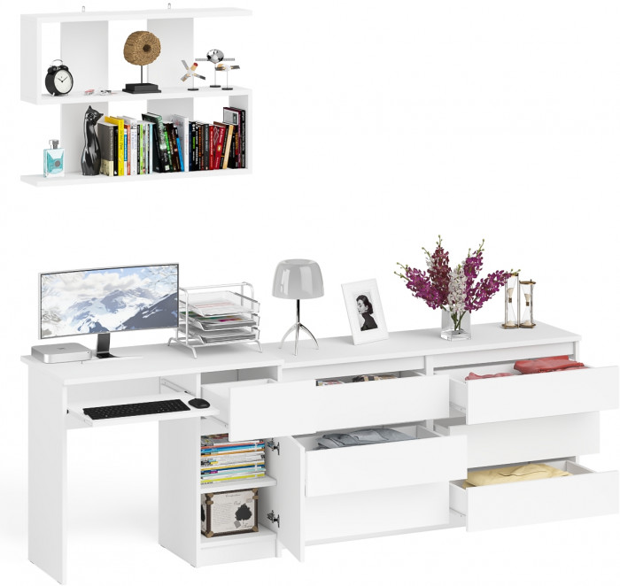Мори Стол компьютерный МС-1 правый + Комод МК1380.6 + Полка 900, цвет белый, ШхГхВ 228х50х209,6 см., НЕ универсальная сборка