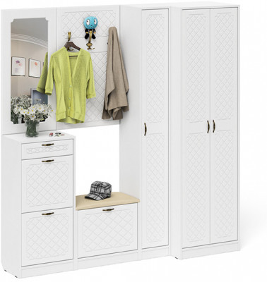 Прихожая П-6 Компоновка № 31, цвет белая шагрень/фасады МДФ белое дерево фрезеровка ромб, ШхГхВ 200х50х210 см., универсальная сборка