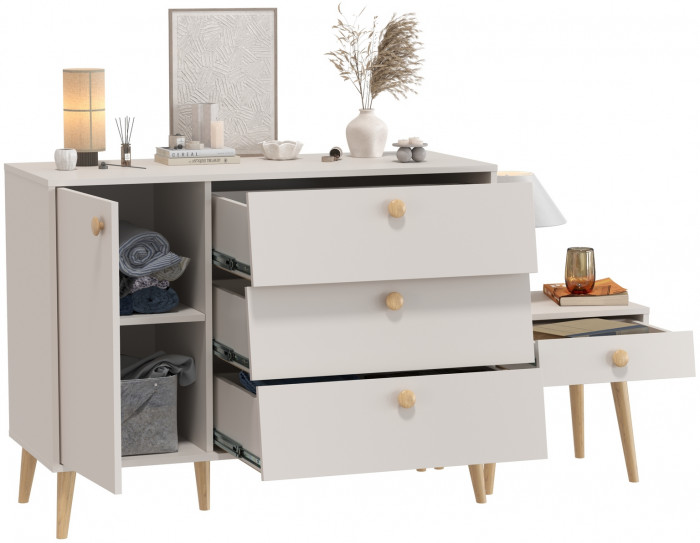 Афина Спальня Комод с дверкой и тремя ящиками + Тумба прикроватная, кашемир серый