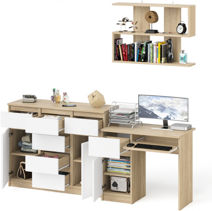 Мори компьютерный стол МС-1 левый + Комод МК1200.4 + Полка 900, дуб сонома/белый