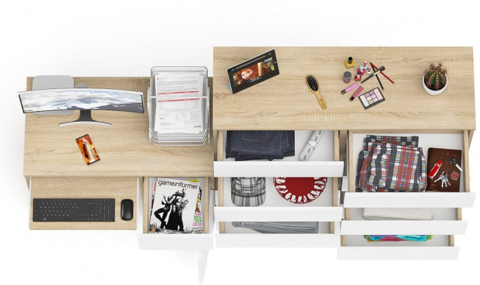 Мори компьютерный стол МС-1 правый + Комод МК1200.10, дуб сонома/белый