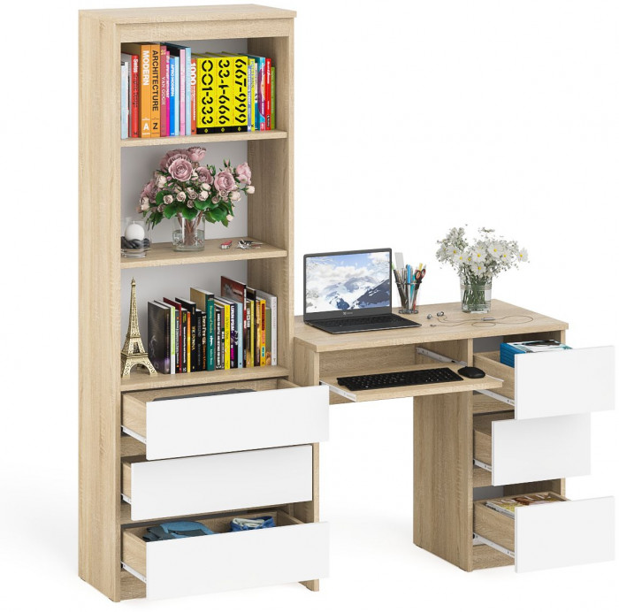 Мори компьютерный стол МС-6 правый + Стеллаж МСТ600.3, дуб сонома/белый