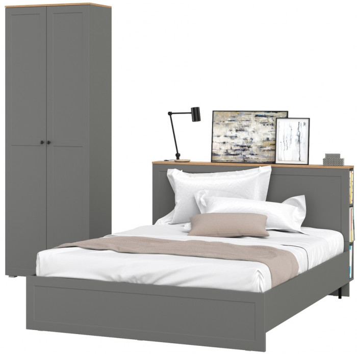 Остин 11.53 Кровать + ортопед + 16.307 Шкаф, серый графит/дуб крафт золотой