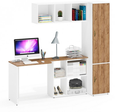 Лидер-8 Стол + Полка + Пенал МД 23Б, цвет белый шагрень/крафт золото, ШхГхВ 205х50/50х75/190 или 115х50/120х75/190 см., НЕ универсальная сборка