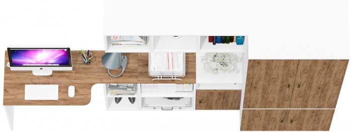 Лидер-8 Стол + Полка + Тумба МД 3.19 + Шкаф МД 19Б, цвет белый шагрень/крафт золото, ШхГхВ 285х50/50х75/190 или 200х115/50х75/190 см., НЕ ун. сб.