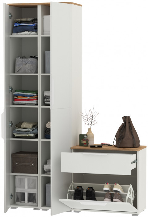 Октава Прихожая 17, цвет белый шагрень/дуб крафт золотой/фасады МДФ белый шагрень, ШхГхВ 129,3х35,4х197,6 см., универсальная сборка