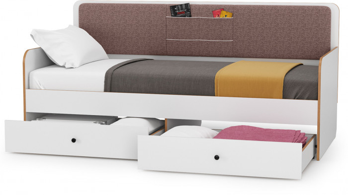 Вуди 11.02 Кровать цвет белый премиум/дуб крафт золотой/саванна латте, ШхГхВ 209,2х94,4х96,5 см, 900х2000 мм, б/м, осн. есть, матрас высотой до 200 мм