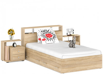 Камелия Кровать с ящиками 1200 + две тумбы, цвет дуб сонома, ШхГхВ 236х217х78,2 см., сп.м. 1200х2000 мм., без матраса, основание есть