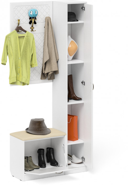 Прихожая П-6 Компоновка № 21, белая шагрень/фасады МДФ белое дерево фрезеровка ромб