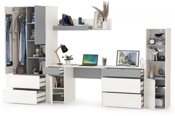 Торонто Компоновка № 01, цвет белый шагрень/стальной серый, ШхГхВ 320х53,1х195,7 см., универсальная сборка