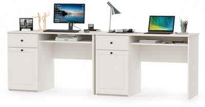 КР100 Роуз 12.148 Стол письменный + 12.148 Стол письменный, цвет ЛДСП белый(тиснение Поры дерева)/МДФ ясень ваниль, ШхГхВ 238х51,7х76,3 см., ун. сб.