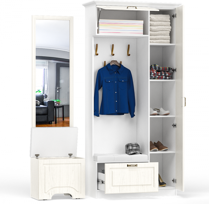 Ливерпуль Прихожая 13.21 + карниз 1000 + Зеркало 03.242 + Пуф 14.02, цвет ясень ваниль/белый, ШхГхВ 108,2х43,5х223,5 + 55х35х200 см., ун. сборка