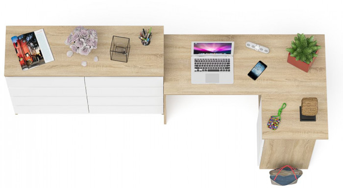 Мори компьютерный стол МС-16 правый + Комод МК1200.8, дуб сонома/белый