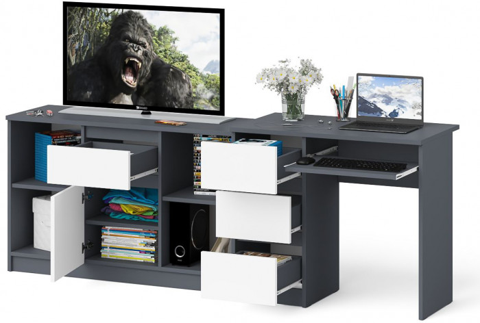 Мори Стол компьютерный МС-6 левый + Тумба МТВ1204.1, цвет графит/белый, ШхГхВ 210,4х50х76,6 см., выдвижные ящики слева, НЕ универсальная сборка