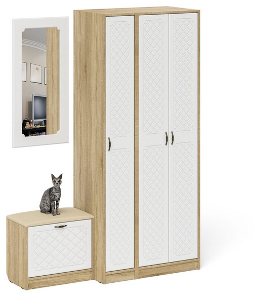 Прихожая П-6 Компоновка № 46, дуб сонома/фасады МДФ белое дерево фрезеровка ромб