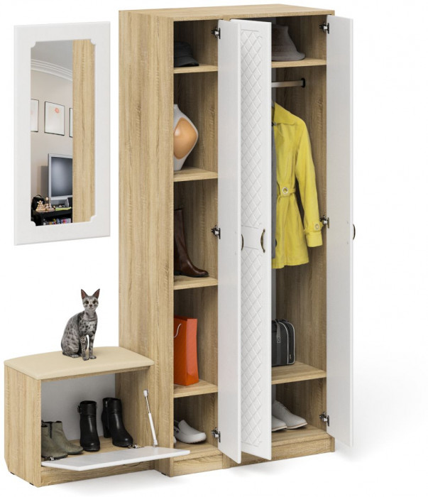 Прихожая П-6 Компоновка № 46, дуб сонома/фасады МДФ белое дерево фрезеровка ромб