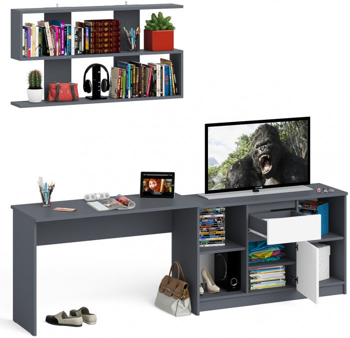 Мори Стол письменный МСП1200.1 + Тумба МТВ1204.1 + Полка 1200, цвет графит/белый, ШхГхВ 240,8х50х209,6 см., универсальная сборка