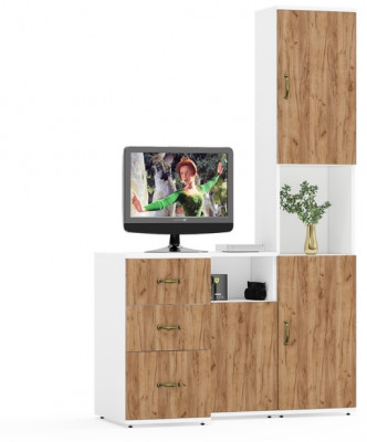 Лидер-8 Пенал + Тумба МД 3.16 + Тумба МД 3.19, белый шагрень/крафт золото