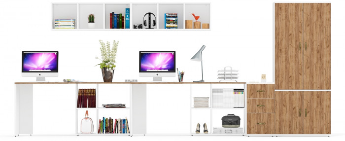 Лидер-8 Стол + Полка + Стол + Полка + Шкаф МД 19Б + Тумба МД 3.16, белый шагрень/крафт золото