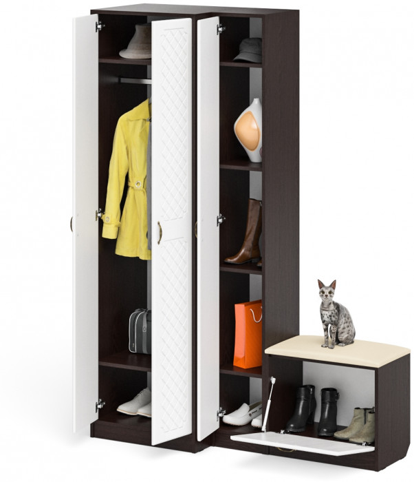 Прихожая П-6 Компоновка № 25, цвет венге/фасады МДФ белое дерево фрезеровка ромб, ШхГхВ 150х50х210 см., универсальная сборка