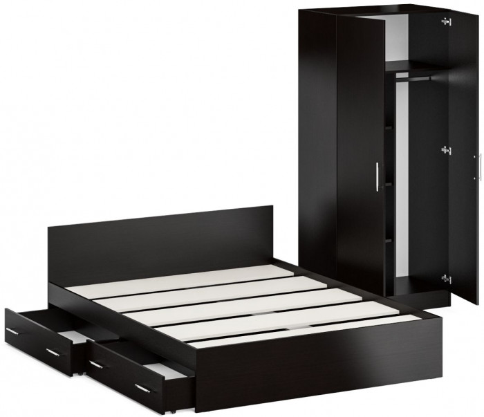 Кровать с ящиками 1600 + Шкаф 2-х створчатый Стандарт, цвет венге, ШхГхВ 163,5х203,5х70 + 90х52х200 см., сп.м. 1600х2000 мм., б/м, основание есть