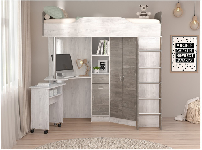 Кровать-чердак Бриз-1 80х190 (Дуб Крафт Золотой / Белый Глянец)