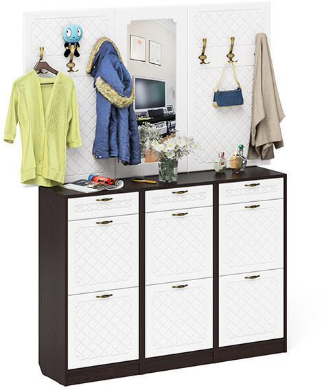 Прихожая П-6 Компоновка № 06, цвет венге/фасады МДФ белое дерево фрезеровка ромб, ШхГхВ 170х35х200 см., универсальная сборка