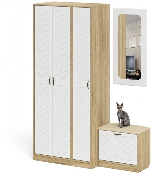 Прихожая П-6 Компоновка № 46, цвет дуб сонома/фасады МДФ белое дерево фрезеровка ромб, ШхГхВ 150х50х210 см., универсальная сборка