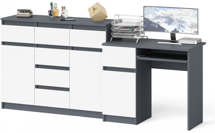 Мори компьютерный стол МС-1 левый + Комод МК1200.4, графит/белый