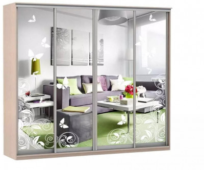 Шкаф купе Модерн 2362х600 4-х дверный 3-х секционный зеркальный с пескоструем №4 ясень
