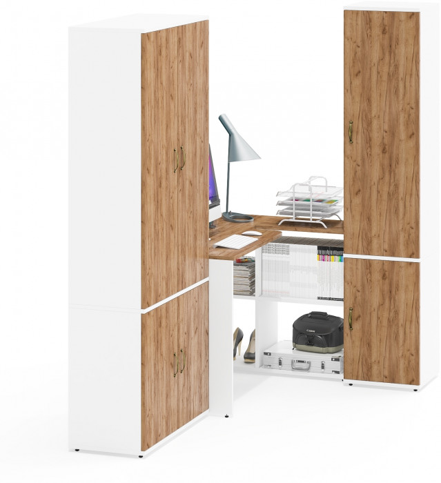 Лидер-8 Шкаф МД 20Б + Стол + Пенал 22Б, цвет белый шагрень/крафт золото, ШхГхВ 285х50/37,5х75/190 или 195х120х75/190 см., НЕ ун.сб.