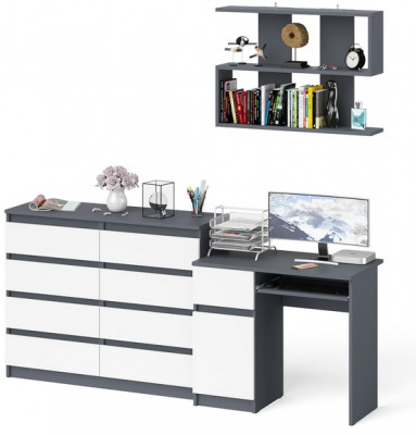Мори Стол компьютерный МС-1 левый + Комод МК1200.8 + Полка 900, цвет графит/белый, ШхГхВ 210,4х50х209,6 см., НЕ универсальная сборка