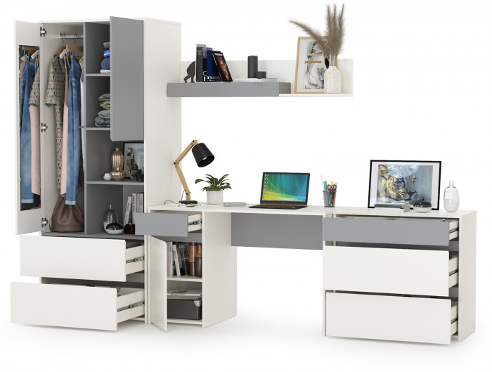 Торонто Компоновка № 03, цвет белый шагрень/стальной серый, ШхГхВ 280х53,1х195,7 см., универсальная сборка