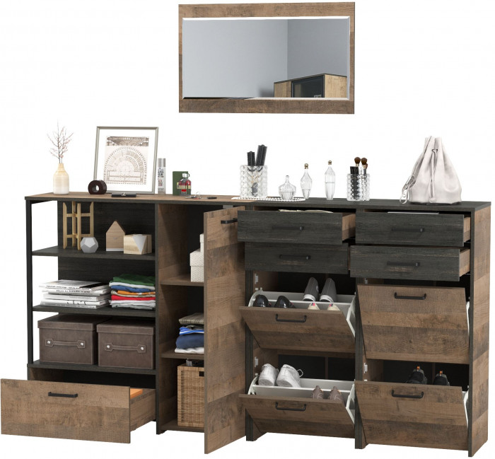 Трувор Прихожая 145, цвет дуб гранж песочный/интра, ШхГхВ 209х37х195 см., универсальная сборка