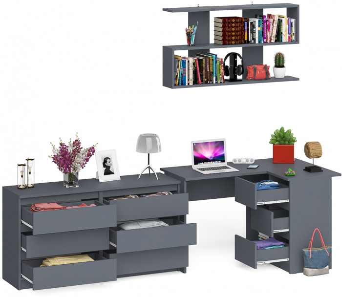 Мори компьютерный стол МС-16 правый + Комод МК1380.6 + Полка 1200, графит