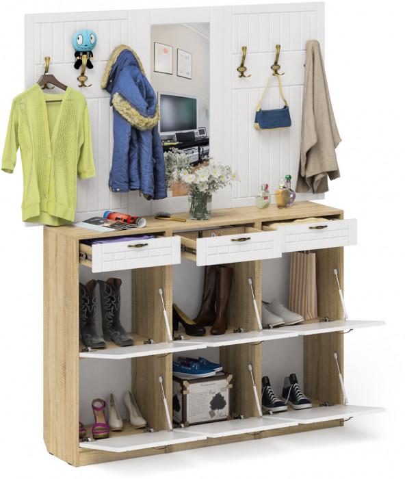 Прихожая П-6 Компоновка № 06, цвет дуб сонома/фасады МДФ белое дерево фрезеровка прованс, ШхГхВ 170х35х200 см., универсальная сборка