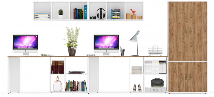 Лидер-8 Стол + Полка + Стол + Полка + Шкаф МД 19Б, белый шагрень/крафт золото