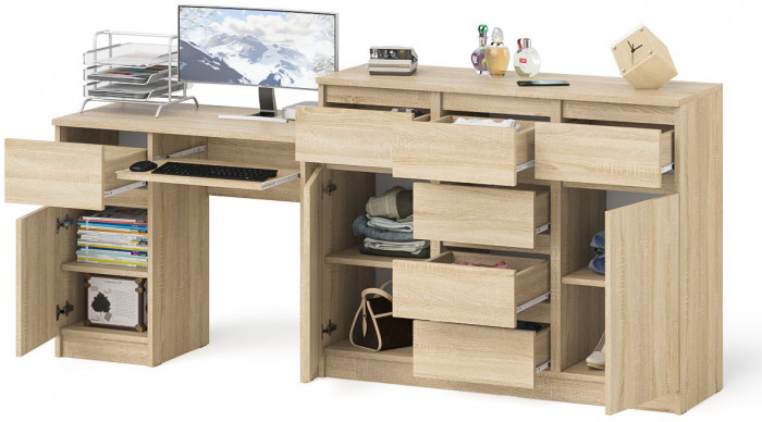 Мори компьютерный стол МС-1 левый + Комод МК1200.4, дуб сонома