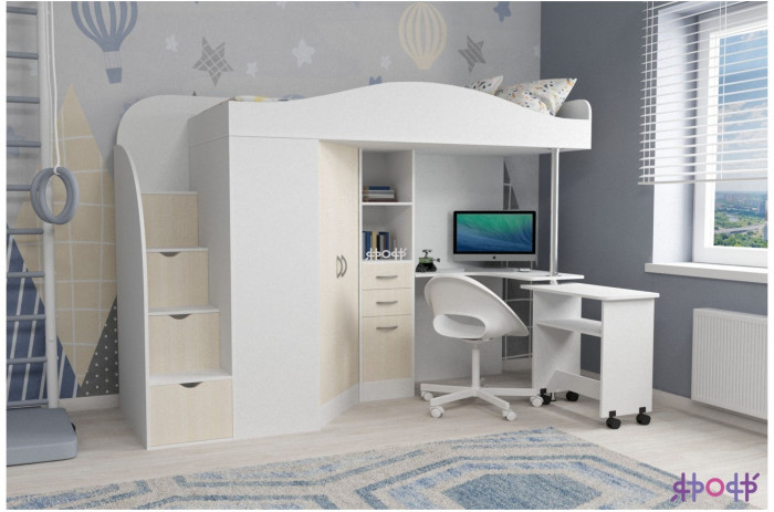 Кровать-чердак Юниор 4 (Белое дерево/Ирис)