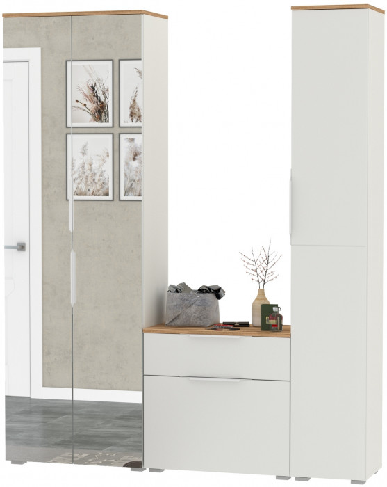 Октава Прихожая 21, цвет белый шагрень/дуб крафт золотой/фасады МДФ белый шагрень, ШхГхВ 161,5х35,4х197,6 см., универсальная сборка