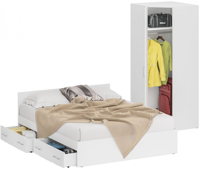 Кровать с ящиками 1600 + Шкаф угловой Стандарт, цвет белый, ШхГхВ 163,5х203,5х70 + 81,2х81,2х200 см., сп.м. 1600х2000 мм., без матраса, основание есть