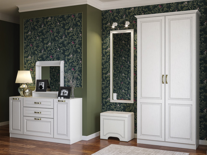 Ливерпуль Пуф 14.02 + Зеркало навесное 03.242, цвет ясень ваниль/белый/эко-кожа гранд белый, ШхГхВ 55х35х210 см., пуф на колёсах, подъёмная крышка