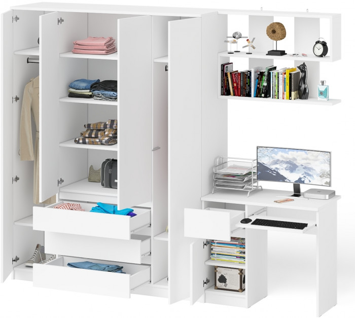 Мори Стол компьютерный МС-1 левый + Шкаф МШ1600.1 + Полка 900, цвет белый, ШхГхВ 250,4х50,4х209,6 см., НЕ универсальная сборка