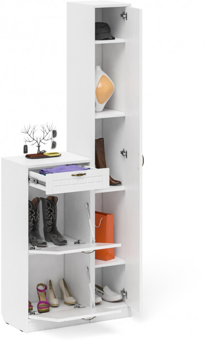 Прихожая П-6 Компоновка № 22, белая шагрень/фасады МДФ белое дерево фрезеровка прованс