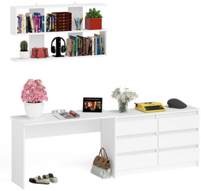 Мори Стол письменный МСП1200.1 + Комод МК1200.6 + Полка 1200, цвет белый, ШхГхВ 240,8х50х209,6 см., универсальная сборка