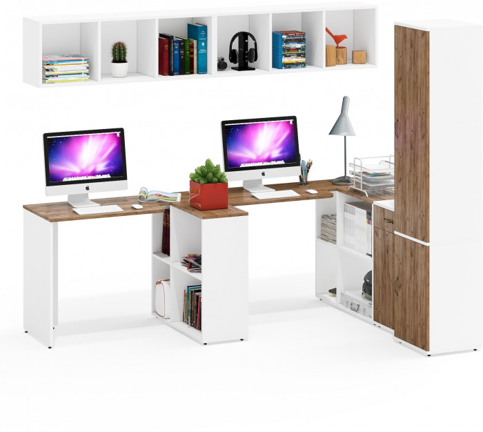 Лидер-8 Стол + Полка + Стол + Полка + Пенал МД 22Б + Тумба МД 3.15, цвет белый шагрень/крафт золото, 410х50х75/190 или 230х160/50х75/190, НЕ ун. сб.