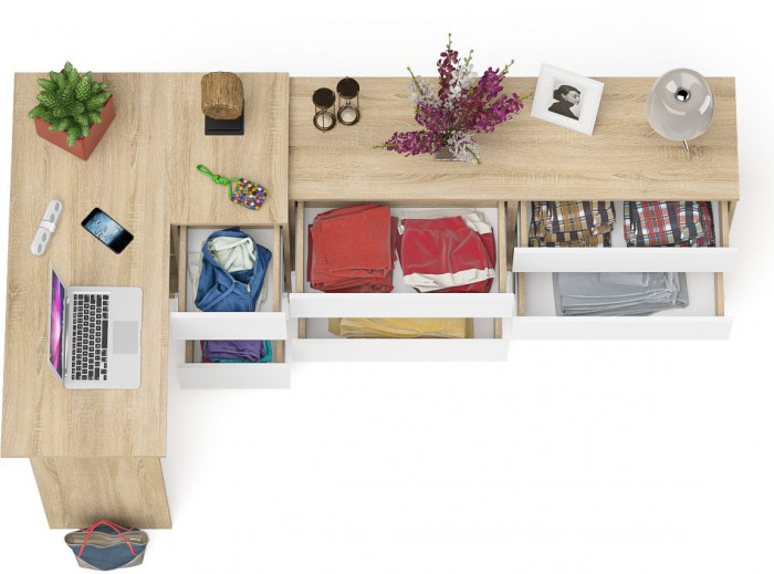 Мори Стол компьютерный МС-16 правый + Комод МК1380.6, цвет дуб сонома/белый, ШхГхВ 262,4х84,9х76,6 см., выдвижные ящики справа, НЕ универс. сборка