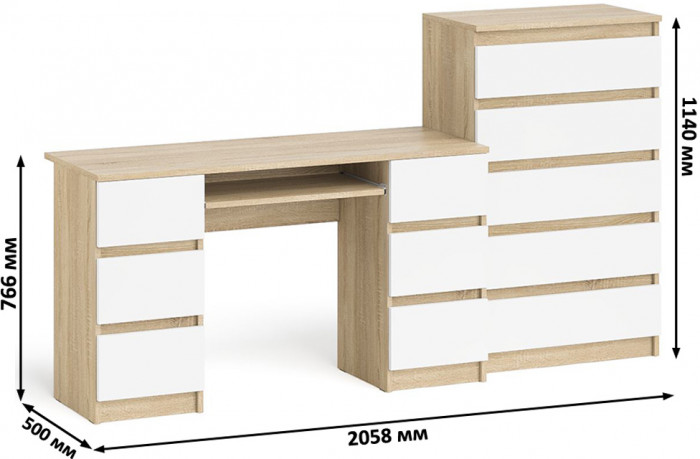 Мори Стол компьютерный МС-2 + Комод МК700.5, цвет дуб сонома/белый, ШхГхВ 205,8х50х114 см., универсальная сборка