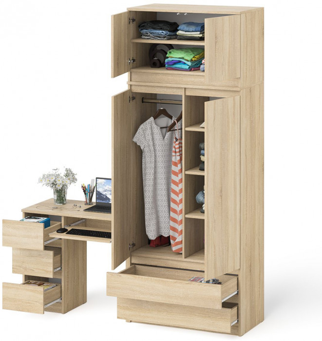 Мори Стол компьютерный МС-6 левый + Шкаф МШ900.1 + Антресоль МА900.1, цвет дуб сонома, ШхГхВ 180,4х50,4х234,2 см., выдвиж. ящики слева, НЕ ун. сб.