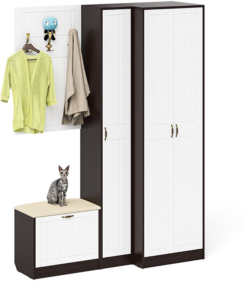 Прихожая П-6 Компоновка № 27, цвет венге/фасады МДФ белое дерево фрезеровка прованс, ШхГхВ 150х50х210 см., универсальная сборка